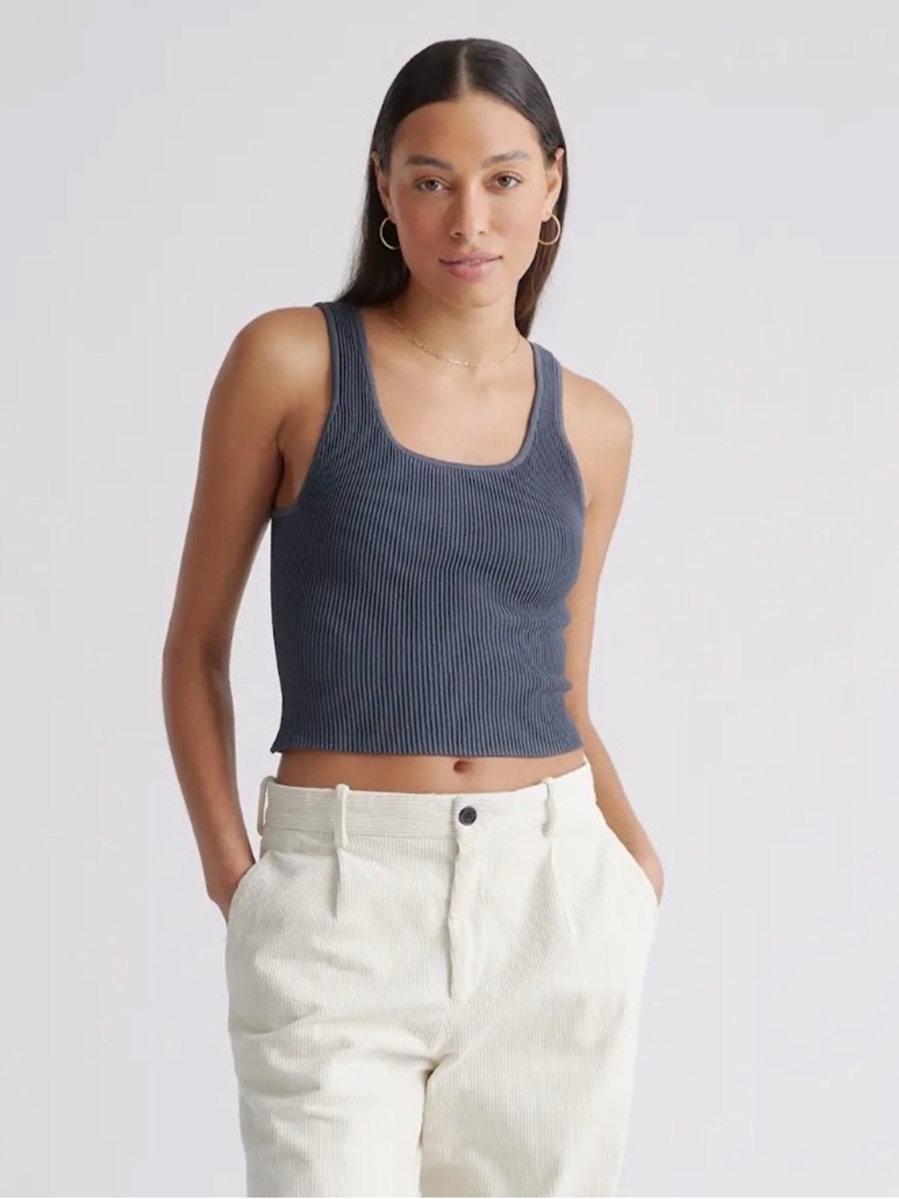 Quince Cropped Square Neck Ribbed Knit Tank in Grey